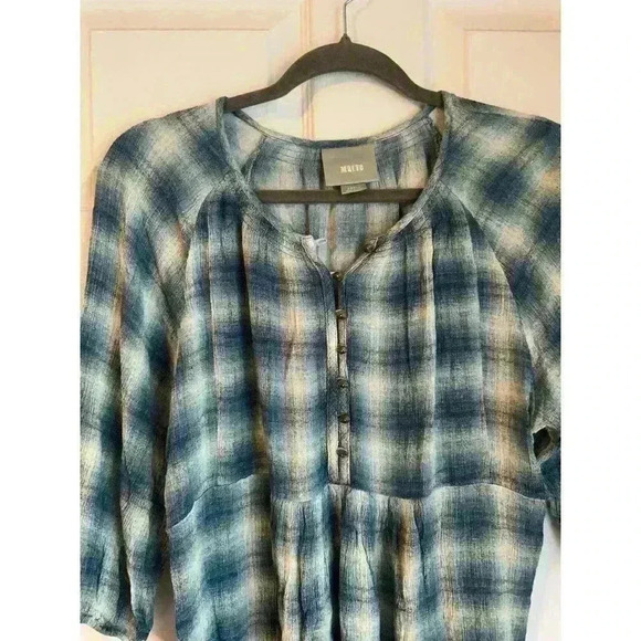 Maeve Anthropologie Small Blue Plaid Blouse Button Up Long Sleeve Top Round Neck - Picture 2 of 7